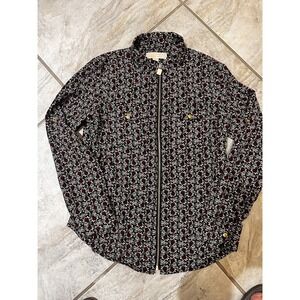 Michael Kors Full Zip Top Collared Blouse Black Red Floral Sleeve Small Bloomcor